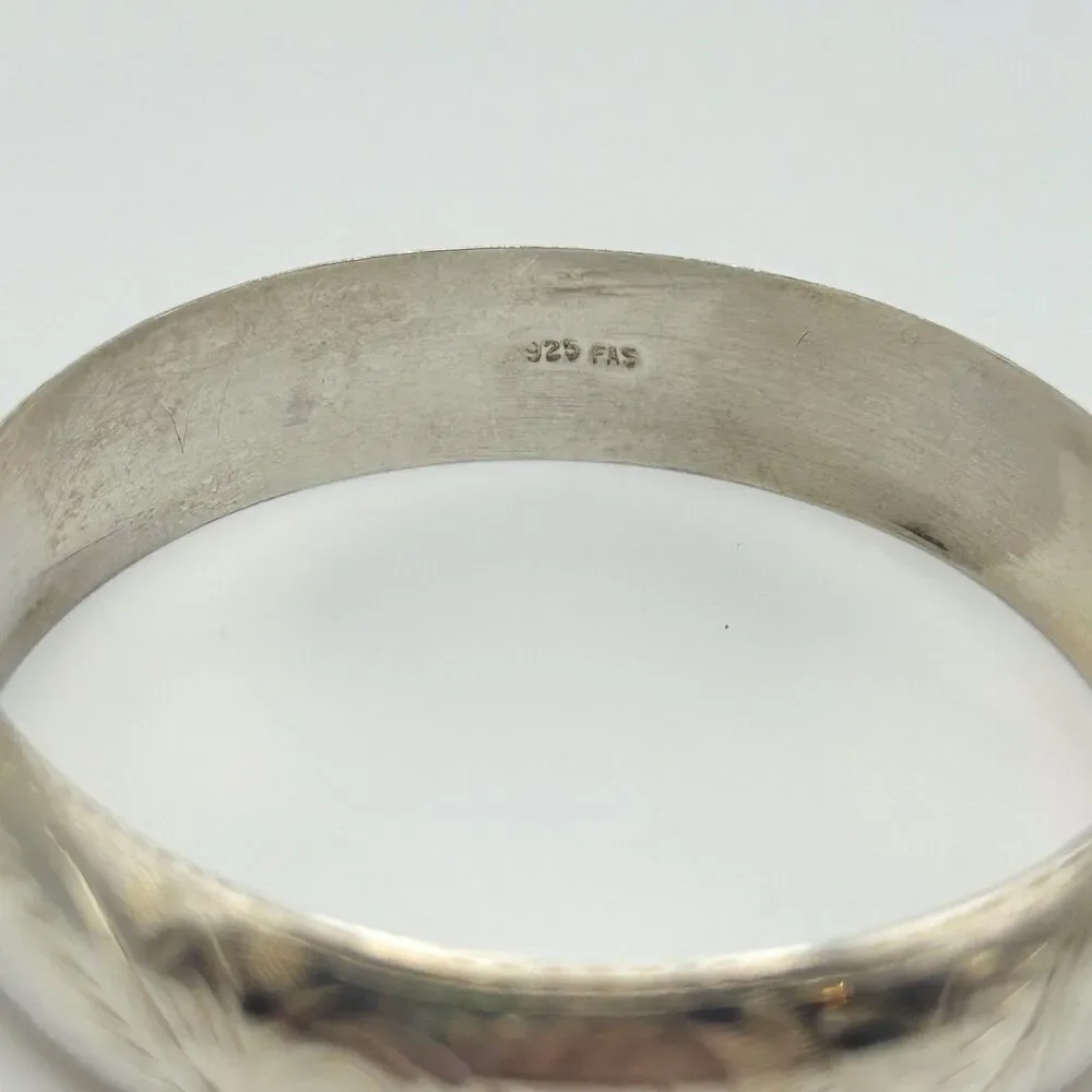 Sterling Silver 925 FAS Hinged Bangle Bracelet, Etched Design, Vintage